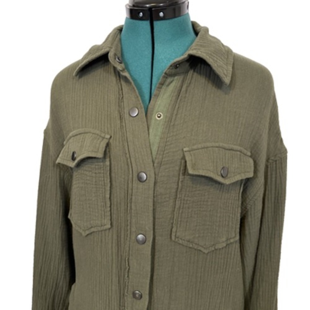 Avec Les Filles Women's Small Button Down Gauze Shirt Green Oversized - Picture 3 of 7